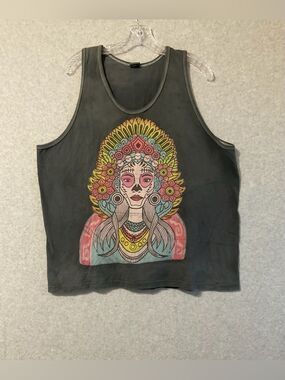 Vintage Aztec  Men's Sugar Skull day Muscle Tank Top dark Gray Sz L